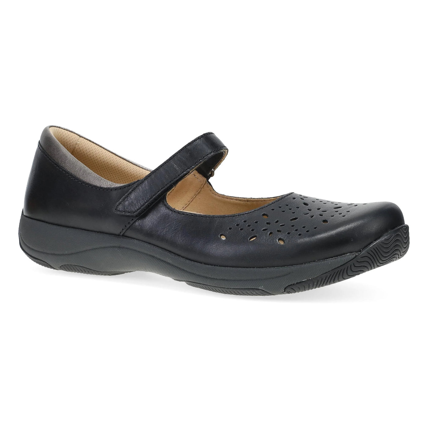 Dansko Women’s Stacy Mary Jane in black leather with perforated toe, hook-and-loop strap, and slip-resistant sole for all-day comfort and support.
