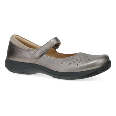 Dansko Stacy Women’s Mary Jane in pewter leather with supportive arch cushioning, moisture-wicking lining, and slip-resistant rubber outsole.