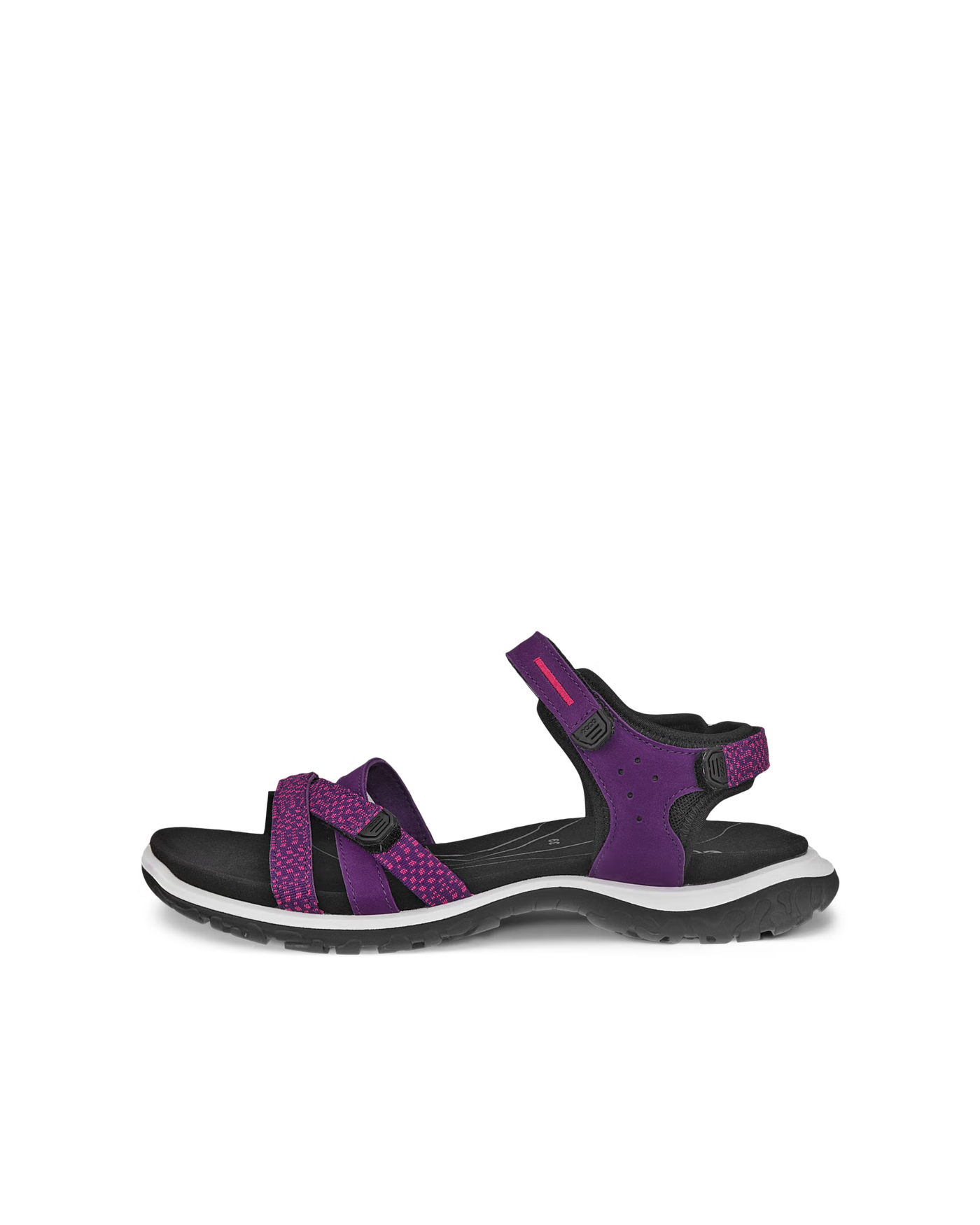 ECCO OFFROAD ROAM purple and black outdoor sandals with a three-strap design, cushioned footbed, and durable sole, providing comfort and stability for outdoor adventures.