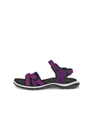 ECCO OFFROAD ROAM purple and black outdoor sandals with a three-strap design, cushioned footbed, and durable sole, providing comfort and stability for outdoor adventures.