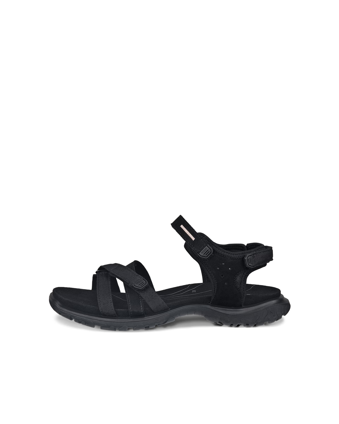 ECCO OFFROAD ROAM black outdoor sandals with a three-strap design, durable sole, and cushioned footbed, offering comfort and stability for adventures on various terrains.