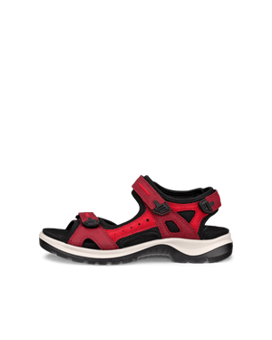 ECCO lightweight red and black outdoor sandals with adjustable straps, cushioned footbed, and durable sole, designed for superior walking comfort on and off the trail.