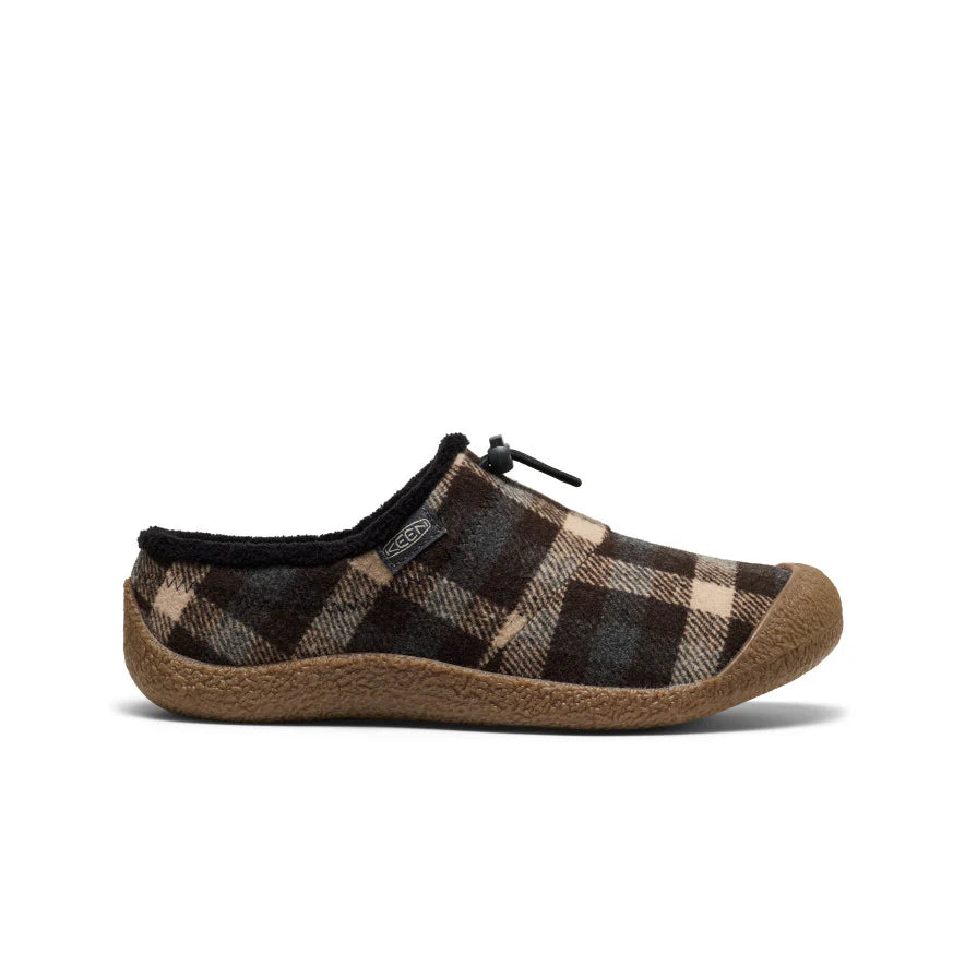 Side view of women’s plaid KEEN Howser slip-on with quick-cinch bungee, roomy toe, removable cushioned insole, and grippy rubber traction.