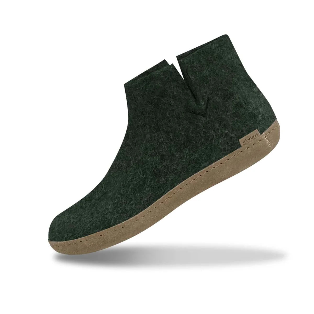 Forest green wool ankle women's boot with soft beige leather sole and V-cut side detail, designed for warmth, comfort, and natural breathability indoors.