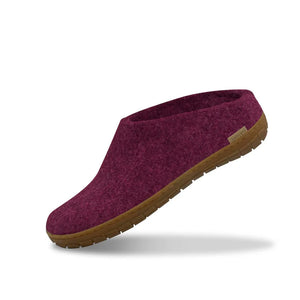 Cranberry red wool slip-on shoe with natural rubber sole, designed for indoor-outdoor wear and made from 100% pure, itch-free wool.