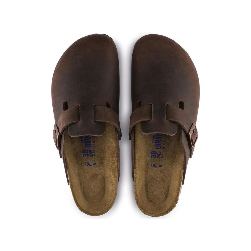 Top view of  Boston clog in Habana oiled leather, featuring an adjustable strap with a copper buckle, a cork-latex footbed, and a durable black outsole.