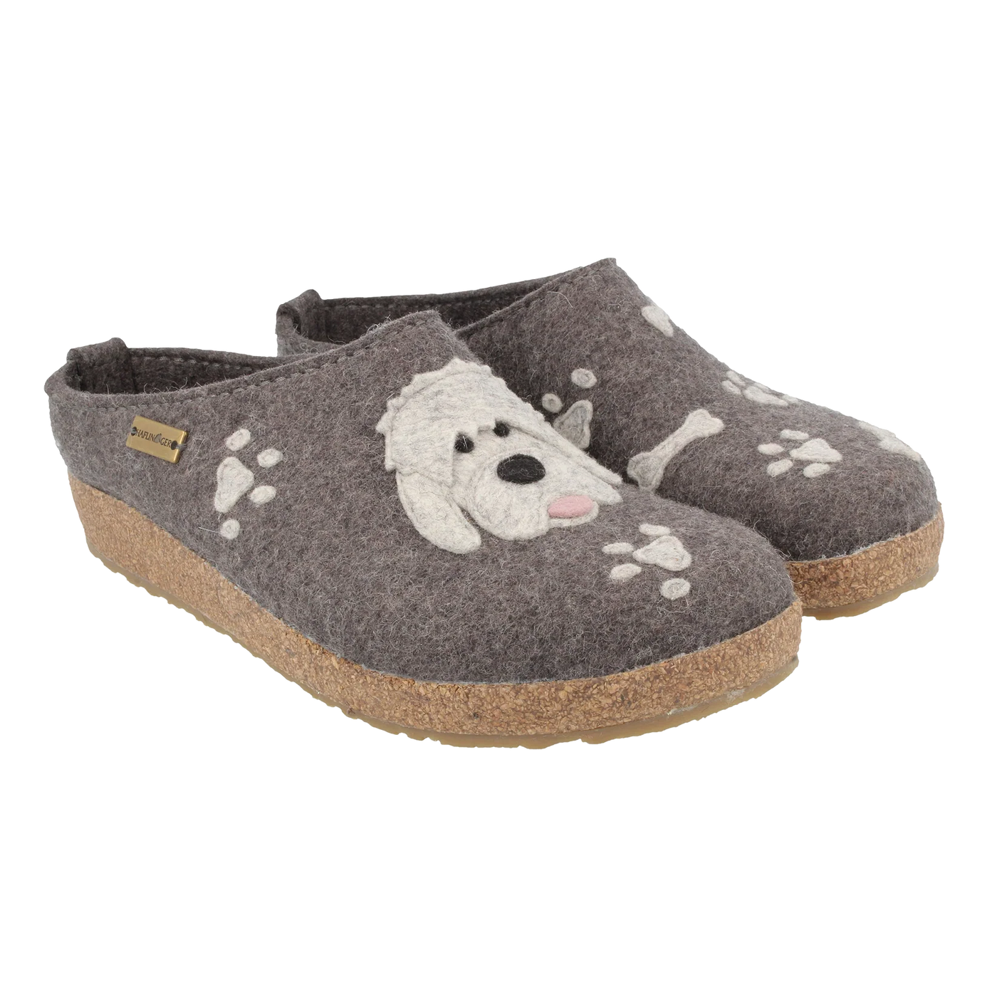 Grey Haflinger Doodle wool felt clogs with playful dog and paw print applique, cork footbed, and slip-resistant sole for cozy, supportive comfort indoors.