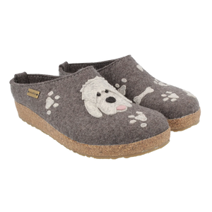 Grey Haflinger Doodle wool felt clogs with playful dog and paw print applique, cork footbed, and slip-resistant sole for cozy, supportive comfort indoors.