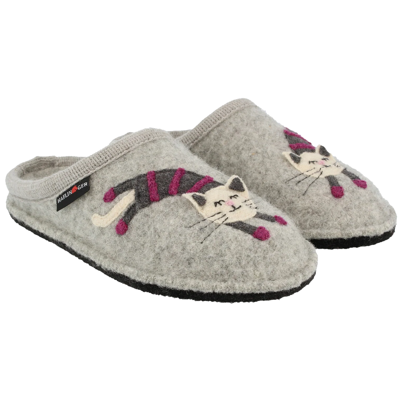 Grey Haflinger Cat boiled wool slippers with playful cat applique, breathable warm upper, and non-slip felt sole for cozy, lightweight comfort at home.
