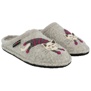 Grey Haflinger Cat boiled wool slippers with playful cat applique, breathable warm upper, and non-slip felt sole for cozy, lightweight comfort at home.