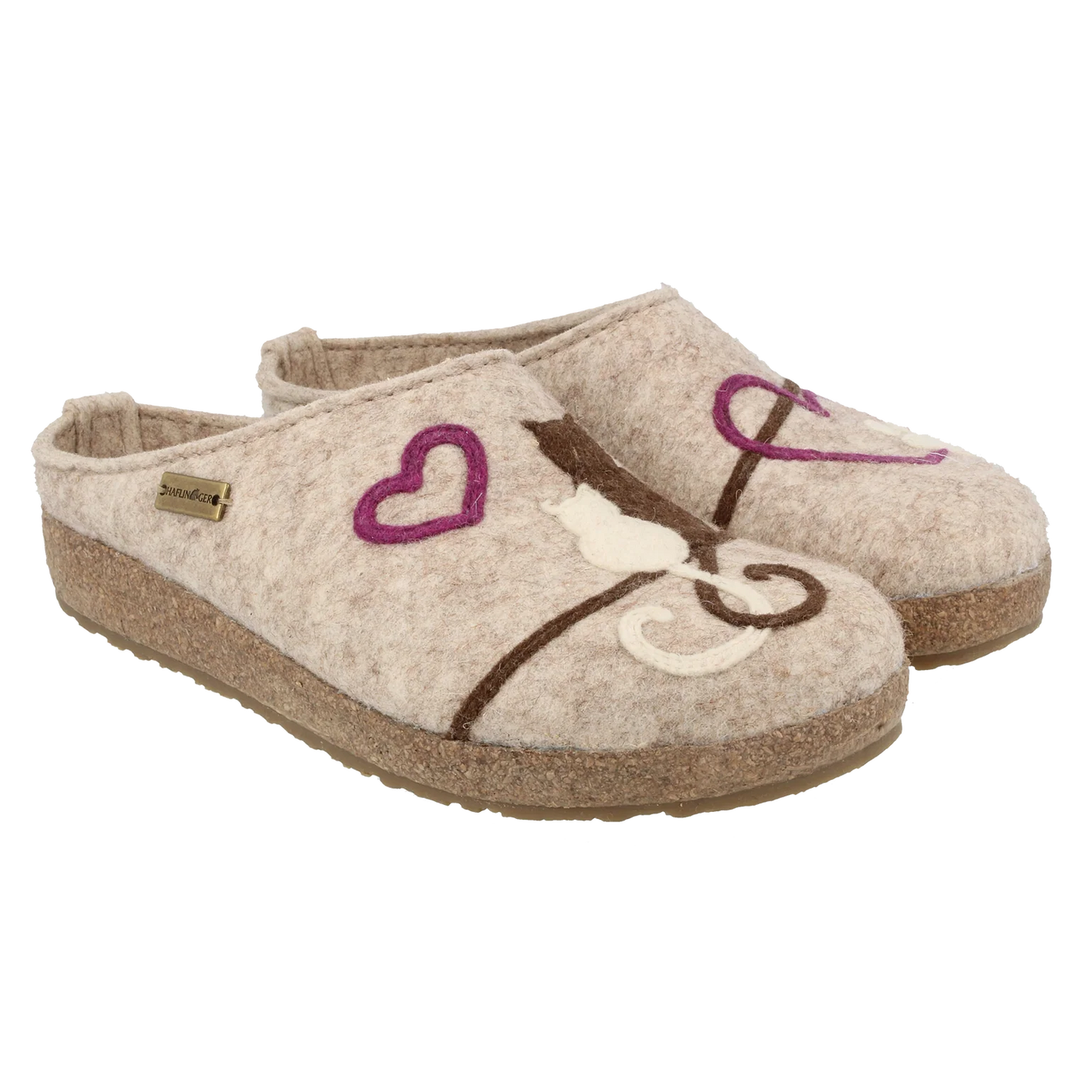 Haflinger Women’s Micini wool felt clogs in natural beige with playful cat and heart appliqué, featuring cork-latex footbed and slip-resistant sole.