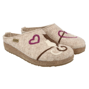 Haflinger Women’s Micini wool felt clogs in natural beige with playful cat and heart appliqué, featuring cork-latex footbed and slip-resistant sole.