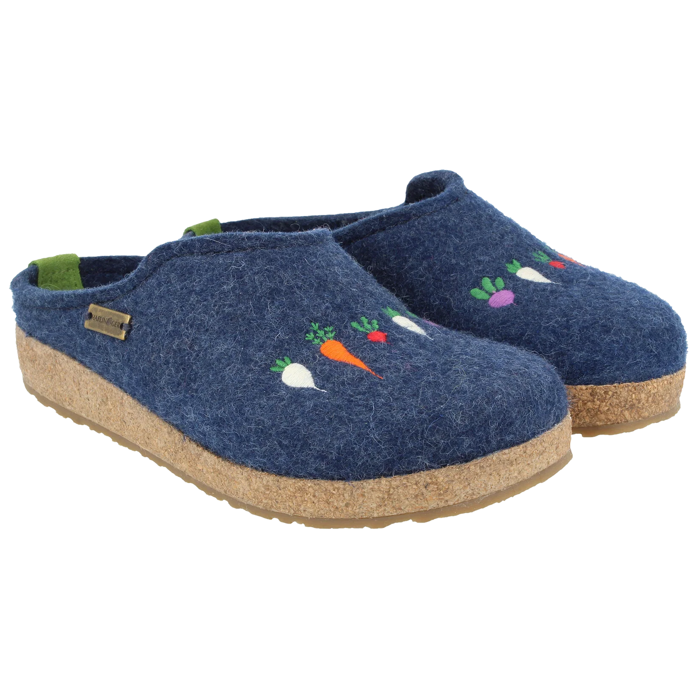 Blue Haflinger Roots wool felt clogs with vegetable embroidery, cork-latex footbed, and slip-resistant sole for breathable, supportive, all-day comfort indoors.