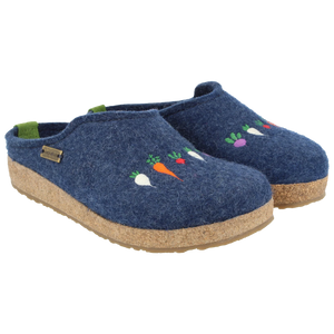 Blue Haflinger Roots wool felt clogs with vegetable embroidery, cork-latex footbed, and slip-resistant sole for breathable, supportive, all-day comfort indoors.