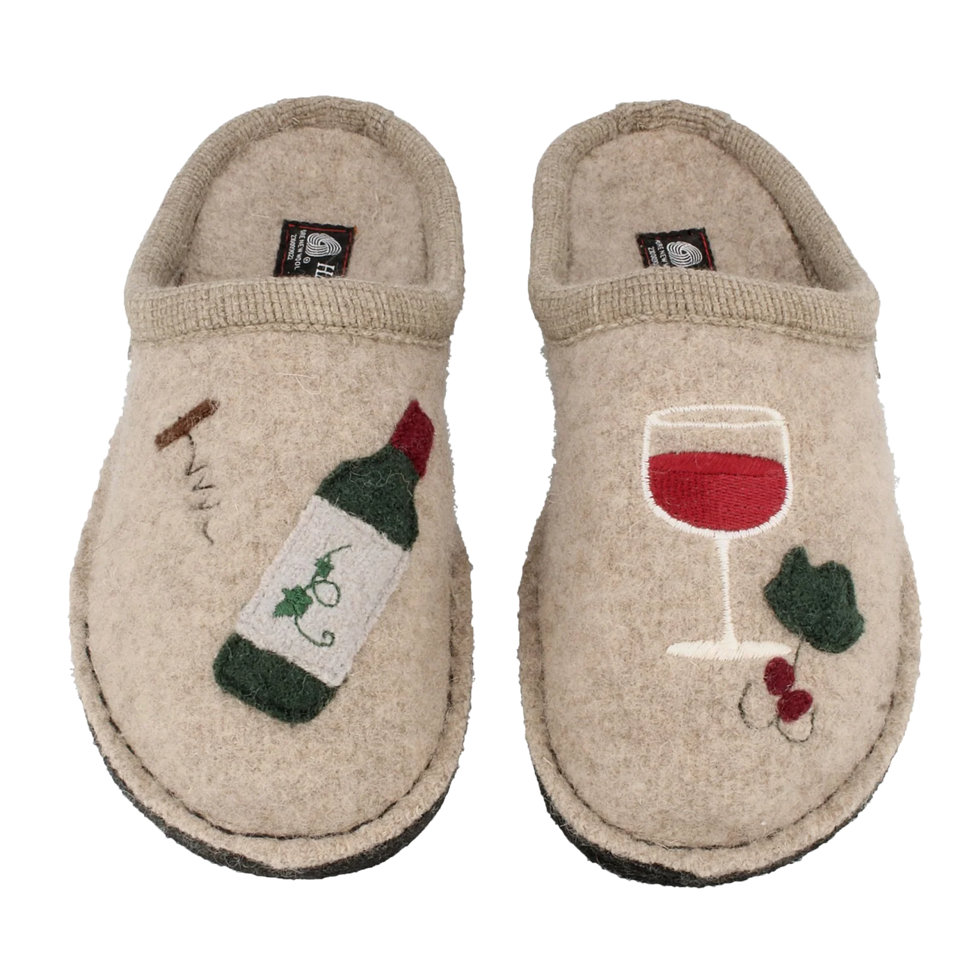 Beige Haflinger Winetime wool slippers with playful wine bottle and glass applique, warm boiled wool upper, and non-slip felt sole for cozy home comfort.