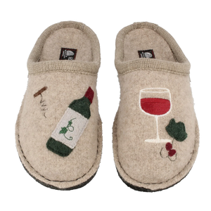 Beige Haflinger Winetime wool slippers with playful wine bottle and glass applique, warm boiled wool upper, and non-slip felt sole for cozy home comfort.
