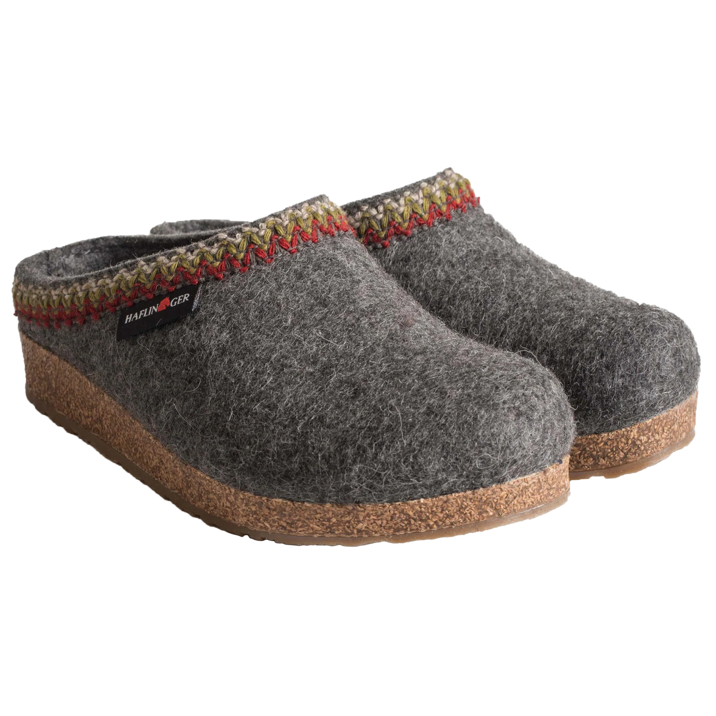 Grey Haflinger ZigZag wool felt clogs with decorative trim, cork footbed, and slip-resistant sole for breathable comfort and support indoors or outdoors.