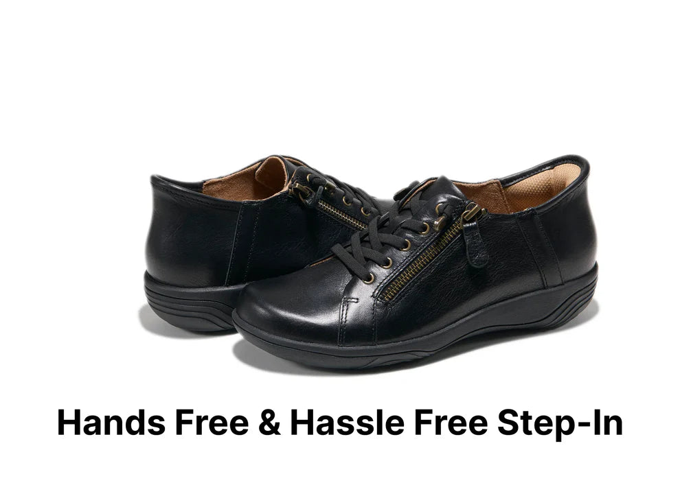 Black Hälsa Alma women’s comfort shoes featuring slip-on step-in technology, removable orthotic insole, antimicrobial protection, and shock-absorbing midsole.