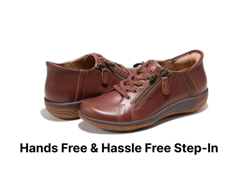 Dark brown Hälsa Alma women’s comfort shoes featuring slip-on step-in technology, removable Equilibrium+ insole, shock-absorbing midsole, and traction outsole.