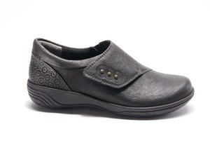 Black Hälsa Anna comfort shoes with hook-and-loop strap, supportive removable insole, antimicrobial lining, and flexible lightweight outsole for all-day wear.