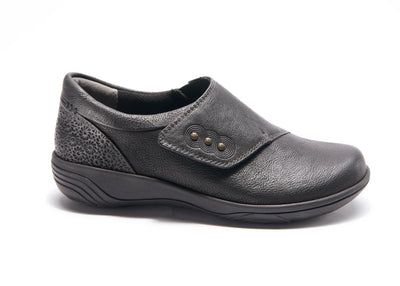 Black Hälsa Anna comfort shoes with hook-and-loop strap, supportive removable insole, antimicrobial lining, and flexible lightweight outsole for all-day wear.