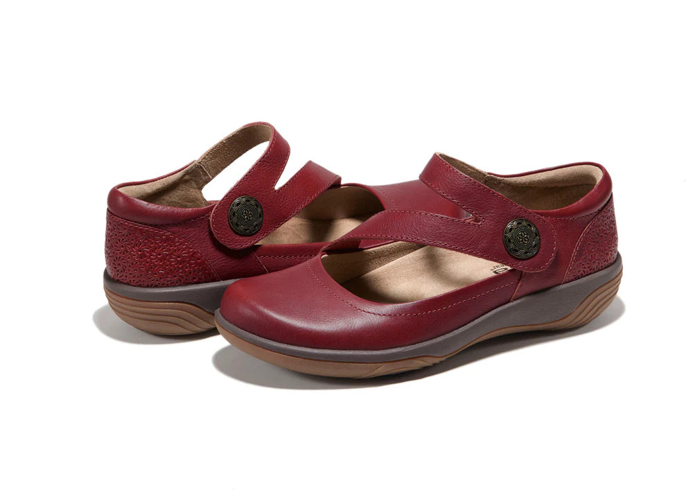 Women’s Hälsa Ava maryjane shoes in dark cherry with stylish strap, leather upper, antimicrobial lining, cushioned insole, and durable lightweight outsole for comfort.