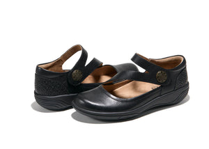 Black Hälsa Ava women’s maryjane shoes featuring stylish strap, supportive Equilibrium+ footbed, antimicrobial lining, and flexible traction outsole for lasting comfort.