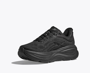 Side view of an all-black HOKA running shoe with breathable mesh uppers, a subtle tonal logo on the side, and a thick cushioned sole for maximum comfort and support.