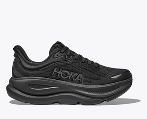 Side view of an all-black HOKA running shoe with breathable mesh uppers, a subtle tonal logo on the side, and a thick cushioned sole for maximum comfort and support.