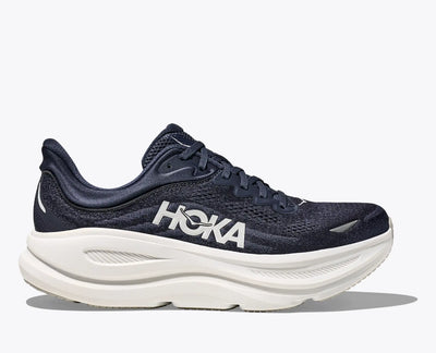 Men’s HOKA Bondi 9 in Varsity Navy featuring super-cushioned EVA midsole, breathable knit upper, and Durabrasion rubber outsole for daily comfort and durability.