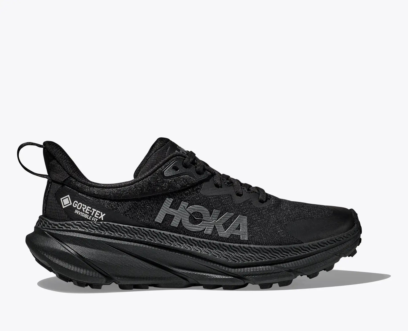 HOKA Challenger 7 GTX Men’s waterproof trail runner in black with lightweight EVA midsole, 4mm lugs, and durable rubber outsole for versatile all-terrain grip.
