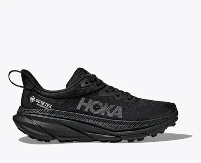 HOKA Challenger 7 GTX Men’s waterproof trail runner in black with lightweight EVA midsole, 4mm lugs, and durable rubber outsole for versatile all-terrain grip.