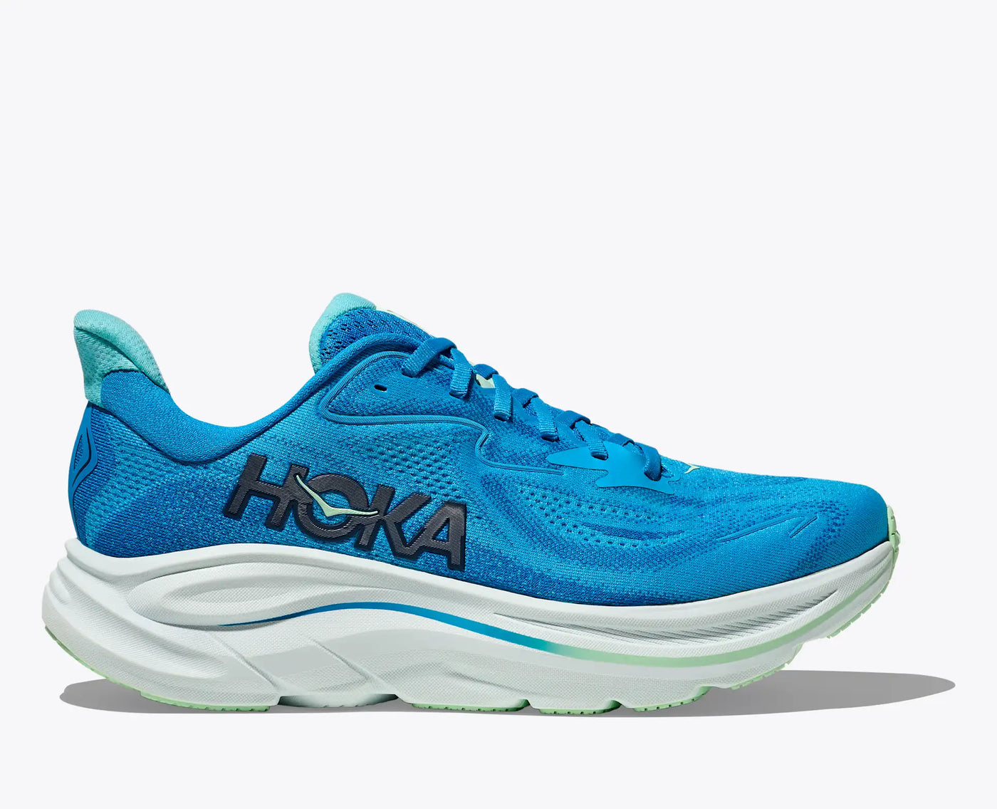 Men’s HOKA Clifton 10 in HOKA Blue Skyward featuring plush CMEVA cushioning, breathable jacquard upper, and smooth MetaRocker™ for daily runs and walks.