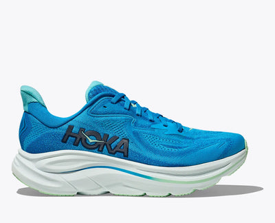 Men’s HOKA Clifton 10 in HOKA Blue Skyward featuring plush CMEVA cushioning, breathable jacquard upper, and smooth MetaRocker™ for daily runs and walks.