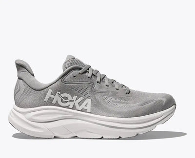 HOKA Clifton 10 men's running shoe in gray with white sole, featuring jacquard knit upper, ultralight CMEVA cushioning, and MetaRocker for smooth, stable daily runs and walks.