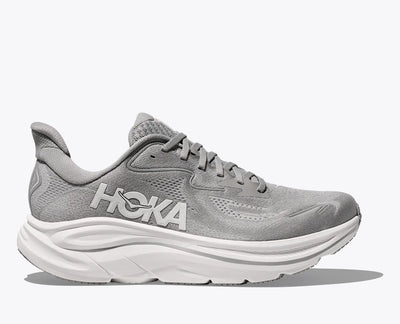 HOKA Men’s Clifton 10 in Stellar Grey/Stardust — lightweight running shoe with plush cushioning, breathable jacquard knit upper, and MetaRocker™ for smooth everyday miles.