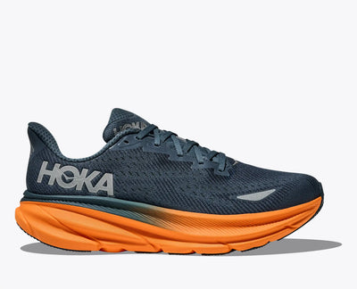 Men’s HOKA Clifton 9 GTX running shoe in Stormy Skies/Orange Zest featuring GORE-TEX waterproofing, durable outsole, and plush cushioning for wet or dry runs.