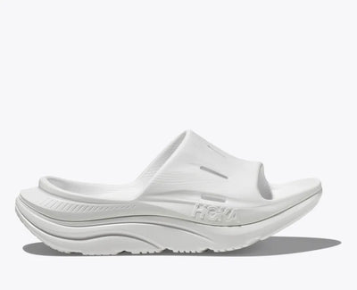 HOKA ORA Slide 3 in white, featuring ventilated air flow channels, a dual-density sugarcane EVA midsole, and an injection-molded outsole for lightweight recovery and all-day comfort.