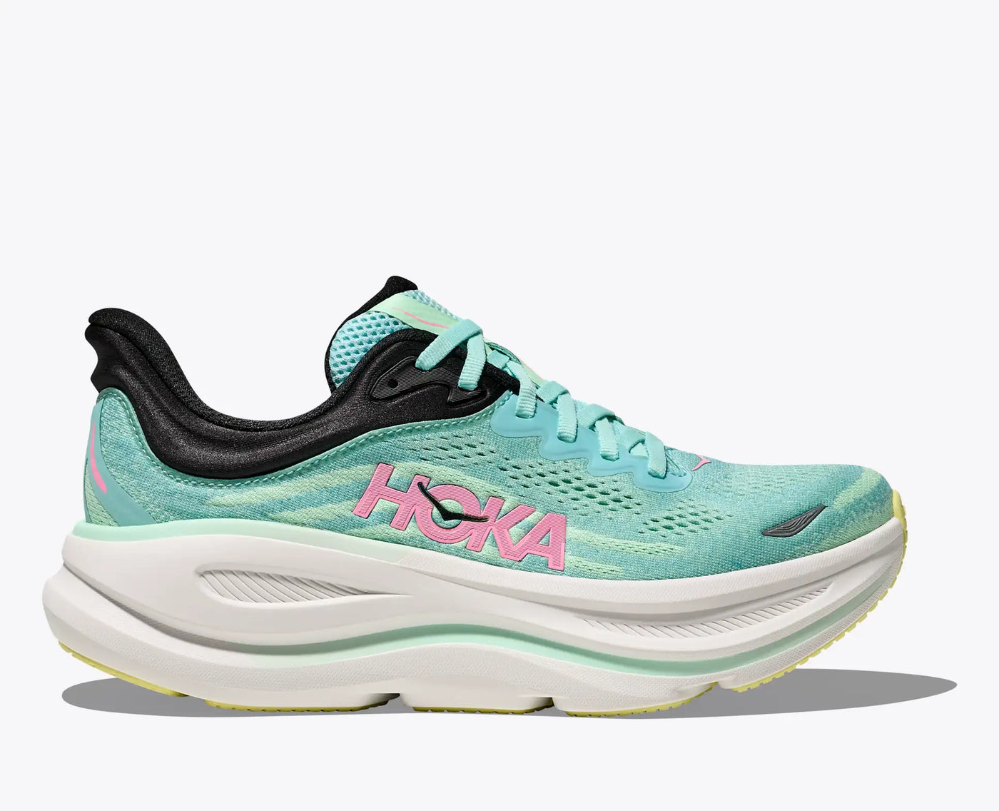 Women’s HOKA Bondi 9 in turquoise blue with mint and pink accents, featuring ultra-cushioned midsole, breathable knit upper, and Durabrasion rubber outsole for comfort.