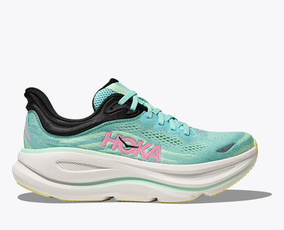 Women’s HOKA Bondi 9 in turquoise blue with mint and pink accents, featuring ultra-cushioned midsole, breathable knit upper, and Durabrasion rubber outsole for comfort.