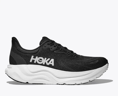 Women’s HOKA Arahi 8 in Black/White featuring stabilizing H-Frame™ technology, breathable jacquard mesh, and dual-density EVA cushioning for comfort and control.