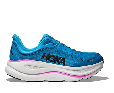 Women’s HOKA Bondi 9 in Blue Spark and Mint Fluorite, redesigned with higher stack height, cushioned midsole, and Durabrasion rubber outsole.