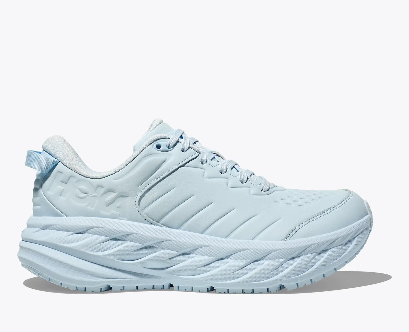 Women’s HOKA Bondi SR work shoe in Ice Water Blue featuring water-resistant leather, memory foam collar, and slip-resistant tread for long shifts.