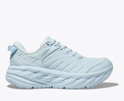 Women’s HOKA Bondi SR work shoe in Ice Water Blue featuring water-resistant leather, memory foam collar, and slip-resistant tread for long shifts.