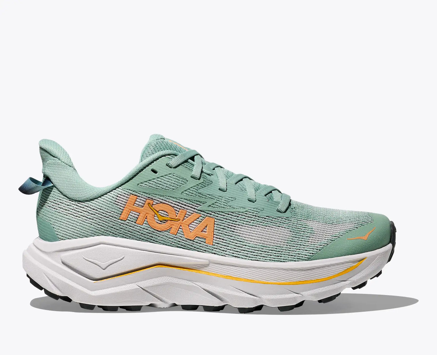 Women’s HOKA Challenger 8 in jade green with cushioned EVA midsole, breathable mesh upper, and all-terrain lugs for confident runs on both roads and trails.