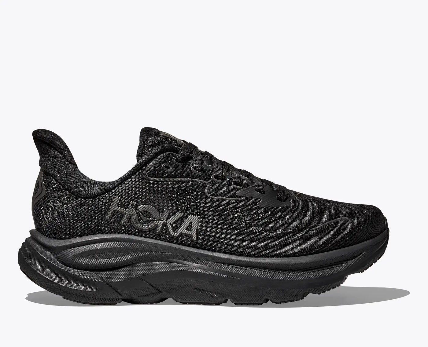 HOKA Clifton 10 black women’s running shoe with ultralight cushioning, smooth MetaRocker™, and refined fit for long-lasting comfort on daily miles.