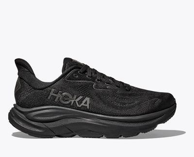 HOKA Clifton 10 black women’s running shoe with ultralight cushioning, smooth MetaRocker™, and refined fit for long-lasting comfort on daily miles.