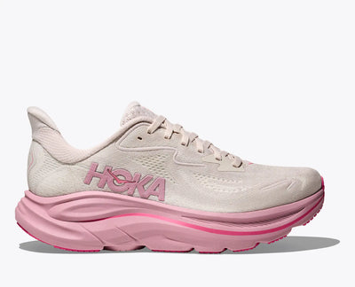 HOKA Clifton 10 women’s trainer in cream and pink, offering lightweight cushioning, 3mm added drop, and a smooth MetaRocker™ for everyday running and walking.