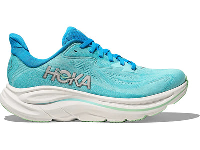 Women’s HOKA Clifton 10 lightweight running shoe in Skyward Blue/Celio Blue featuring cushioned EVA midsole and breathable engineered mesh upper.