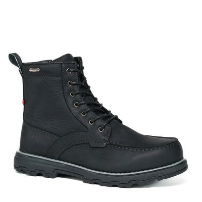 Black waterproof leather winter boot with lace-up closure, anti-slip rubber outsole, retractable stainless steel cleat, Thinsulate insulation, and Merino wool lining for warmth and durability.